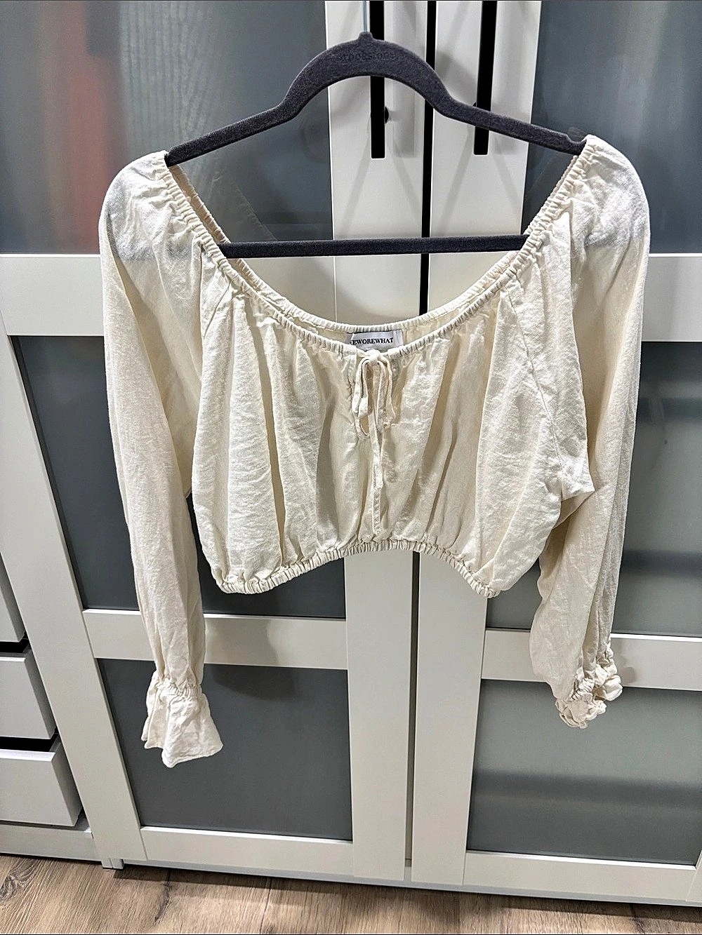 WeWoreWhat On/Off Shoulder Tie Front Top Cream Large